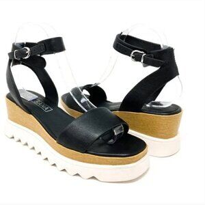 Sol Sana Black Leather Platform Wedge Ankle Strap Sandals - Size 7.5 EUR 38